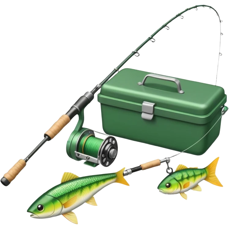 A fishing rod with reel and line neatly coiled beside a bait box.

 emoji