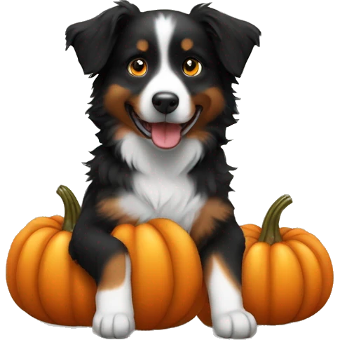Small black australian shepherd dog in a pumpkin emoji