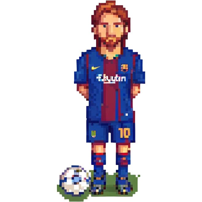pixel art Lionel Messi with a soccer ball at his feet emoji