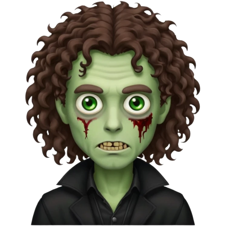 long curly haired male zombie with brown hair color and green eye color, with dark vampire clothes emoji