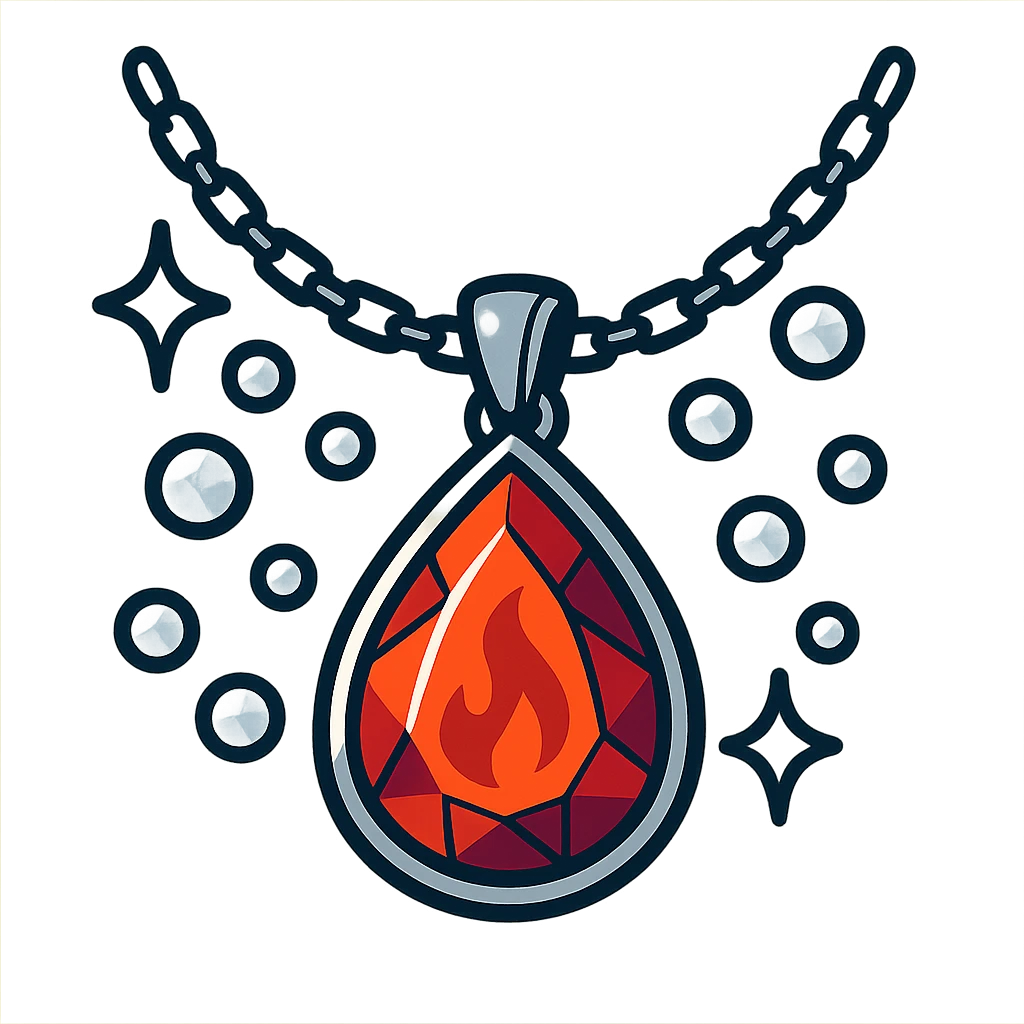 A fiery red teardrop ruby pendant suspended in a delicate silver chain, surrounded by glistening white stones emoji