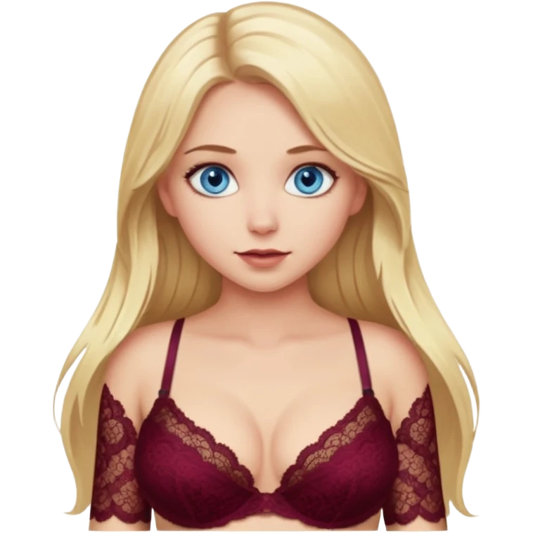 A beautiful blue-eyed girl, blonde with long hair, wearing a burgundy lace bra through which her breasts are visible emoji