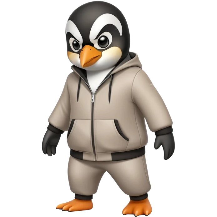 friendly anthropomorphised penguin wearing a mafia-style tracksuit, angry expression, brisk purposeful stride emoji
