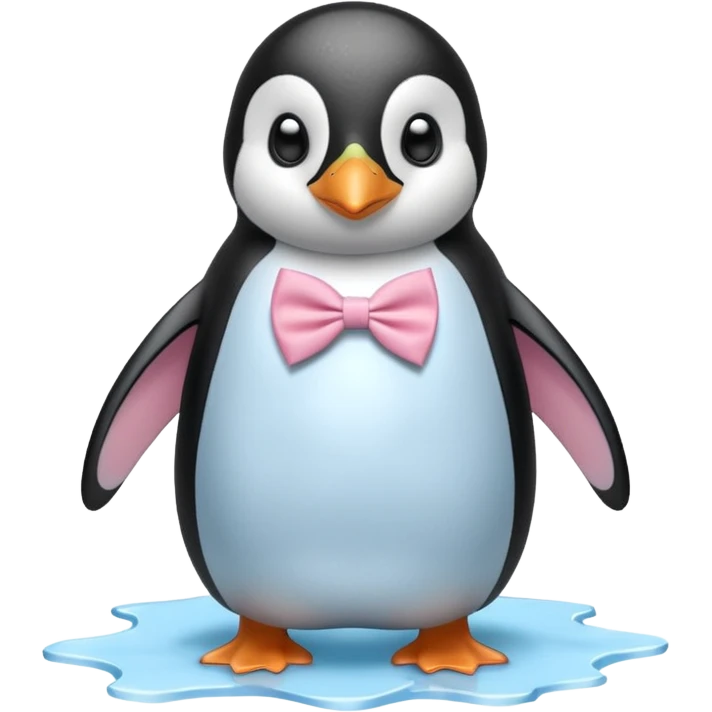 penguin, pink bow tie, standing on small ice melting emoji