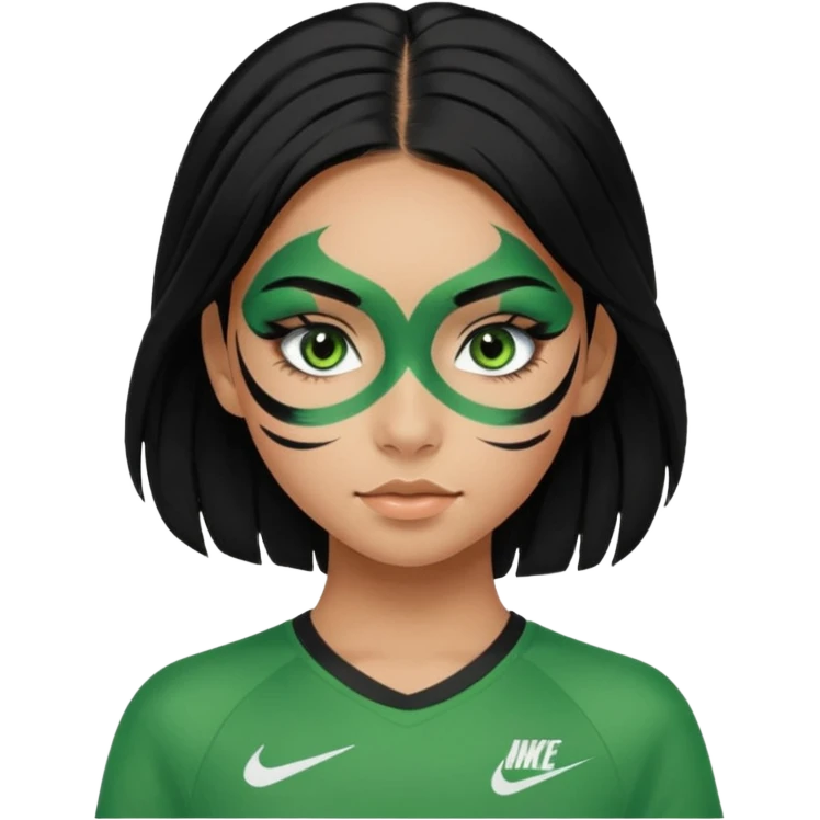 cute teenage girl, cute athletic Nike clothes, tan skin, green eyes, black hair, face paint, very long eylashes emoji