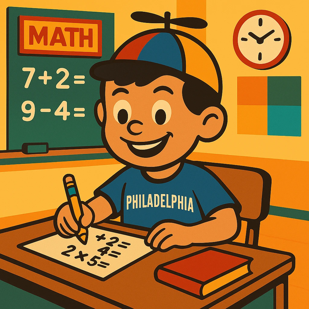 Change Little Johnny's hair to dark brown or black, keeping the rest of the scene the same: cheerful boy with a propellor hat, Philadelphia sports shirt, in a math classroom, showing good work habits, vibrant and clear illustration style. emoji