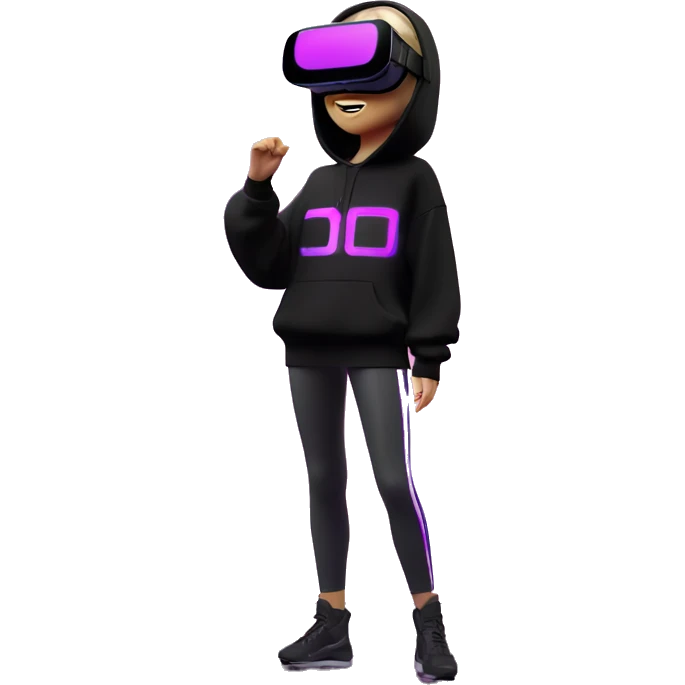 Russian girl wearing black hoody with violet letters "OMG", in vr headset oculus quest2. Dancing. Cyberpunk style. Violet neon. emoji