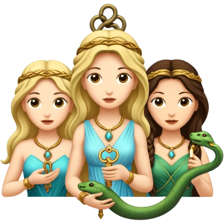 Three goddesses. one with a snake facing right,  one with a key facing left, one in the center with a key emoji