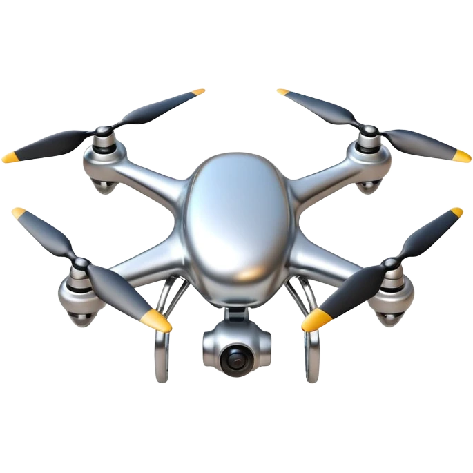 A futuristic drone emoji made of polished silver chrome, smooth rounded body, minimal propellers, reflective metallic surface, soft studio lighting, iOS emoji style, centered, clean white background emoji