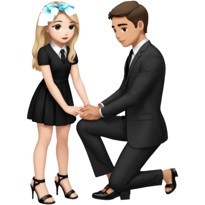  Sabrina carpenter kneeling down wearing a black dress with a tie with black heel sandals, putting her hand on man’s leg who is standing  emoji
