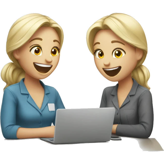 Two Caucasian girls laughing at work emoji