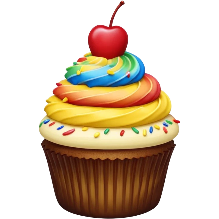 Vanilla cupcake with yellow frosting, chocolate  drizzle, rainbow sprinkles & a cherry on top  emoji