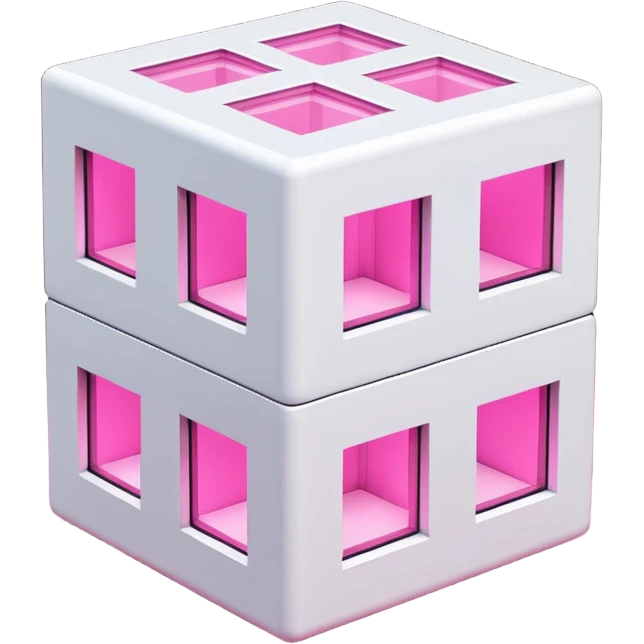 Сделай русскую панельку белого цвета. Она должна быть в виде куба, а также с окнами 3 на 3 на каждом фасаде. Некоторые окна неоново-розовые. Сверху окна нет emoji