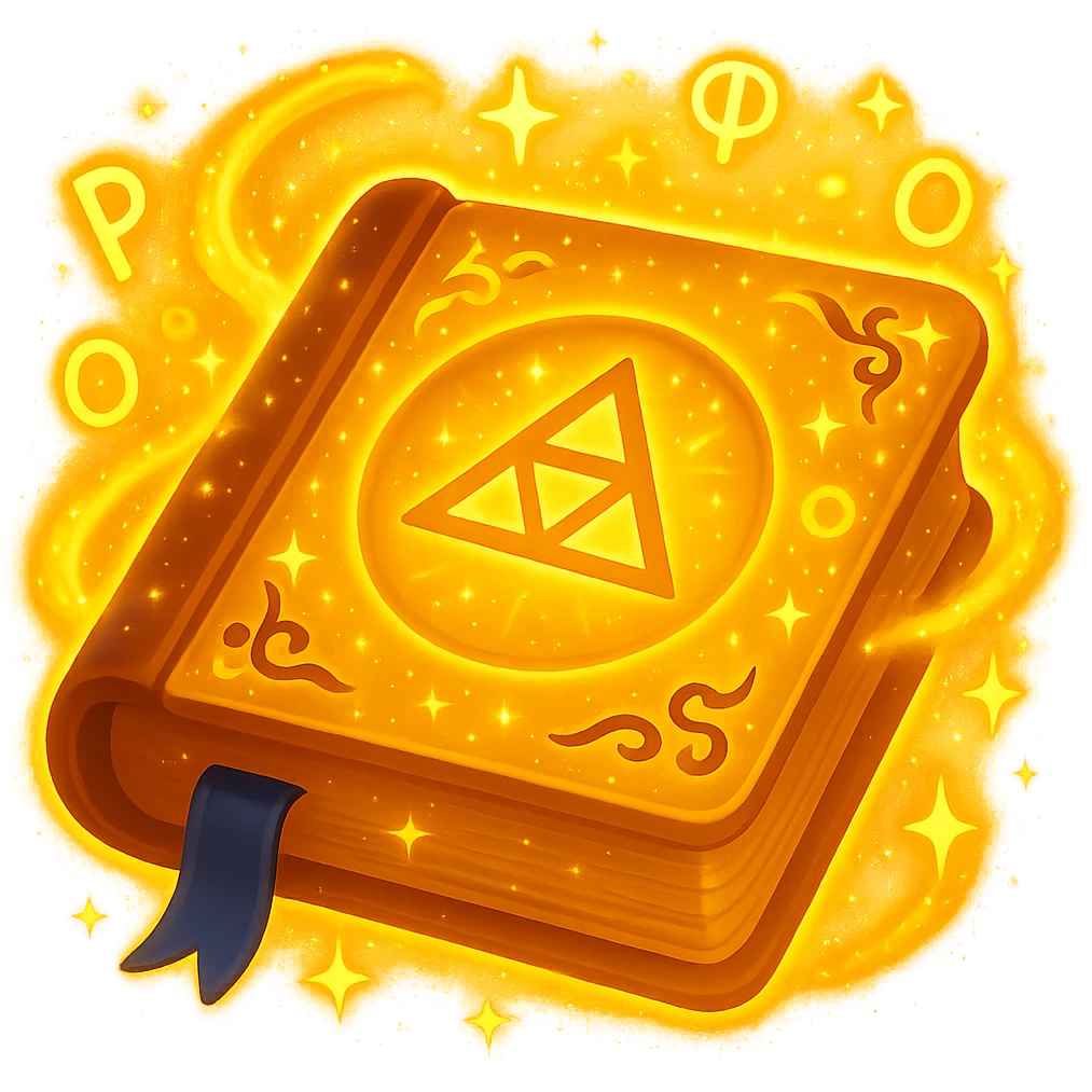 Make the mystic yellow book even more magical with sparkling magical energy, enchanted symbols, glowing effects, and a whimsical magical aura. Style it to resemble an apple emoji style. Keep no background. emoji