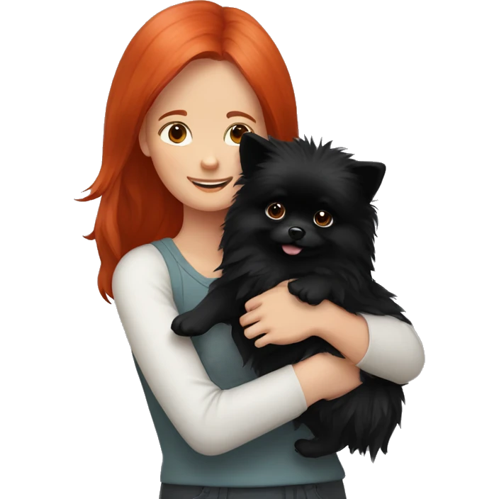 Red-haired-girl-hugs-her-black-pomeranian-dog emoji