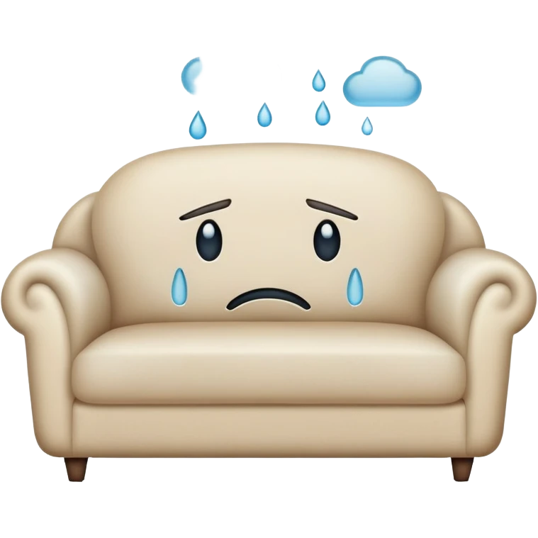 A modern couch with a face that is crying tears and looks sad.  emoji