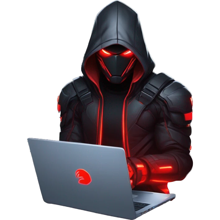 developer behind his laptop with this style : crysis Cyberpunk Riot Games Valorant neon glowing bright red character red dark black hooded assassin themed character emoji