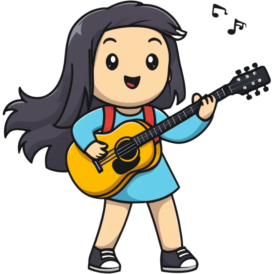 girl with long straight hair singing with microphone and guitar emoji