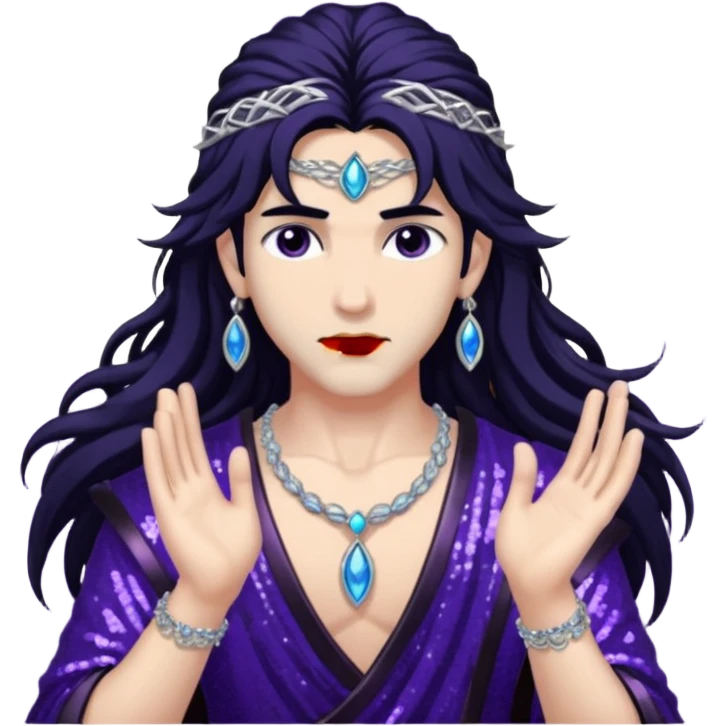 Boreas, God of North Wind from Gods and Goddesses with long black shaggy hair, dark purple sequin outfit emoji