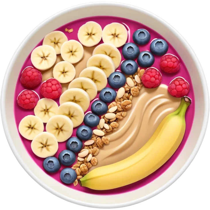 smoothie bowl with bananas, raspberries, blueberries, granola and peanut butter emoji