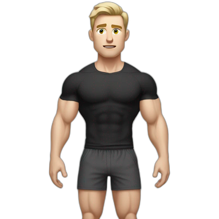 Confused Pale skinned Fit Man With the biceps and dark brown hair in black shirt, gray sports shorts and white Sneakers emoji