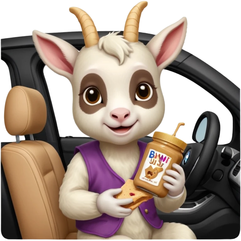 cute baby goat eating peanut butter and jelly driving in a bmw x1, holding a peanut butter and jelly in hand emoji