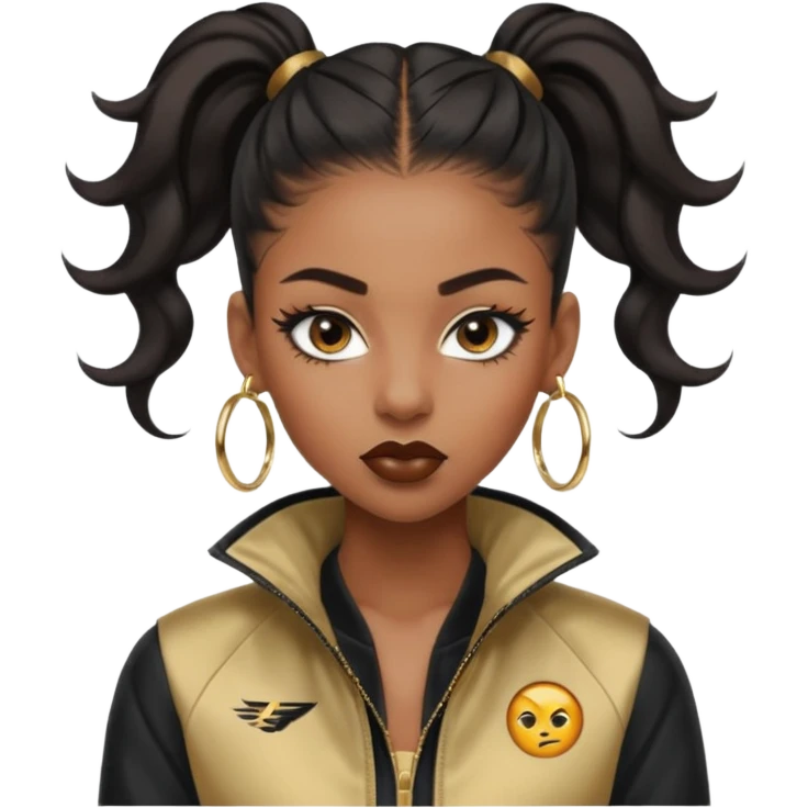 “black Emoji girl, fierce confident expression, sharp black winged eyeliner, bold brows, matte nude lips, long curled lashes, sleek high ponytail, gold hoop earrings, sporty streetwear jacket.” emoji