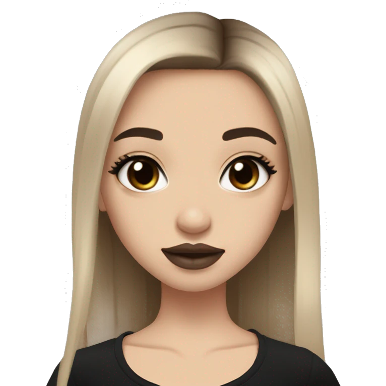 Slavic girl, light skin, goth eyes makeup, pink beige lips, brown eyes, long black-to-blonde ombre straight hair, black T-shirt, chibi, smiling. emoji