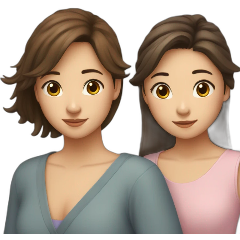 Two girls friends with brown hair, one with short hair, second asian with long hair hugging each other emoji