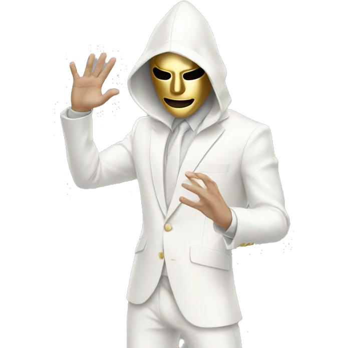 White suit white hood Guy with gold Mask raising his right hand and looking down emoji