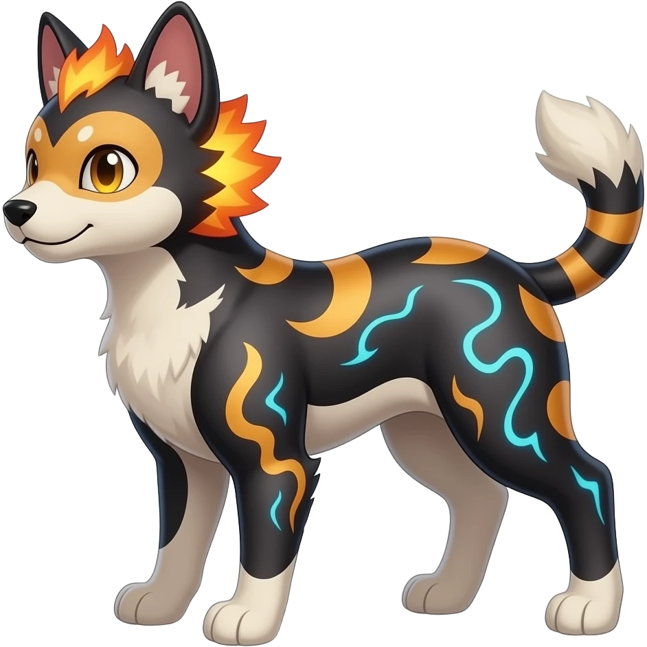 Digitigrade elemental realistic pretty elegant sleek shiny patterned quadrupedal Randomly patterned Shinx-Pyroar-Houndour-Arcanine-Electrike-animal-hybrid, full body, short fluffy tuft nub-tail emoji