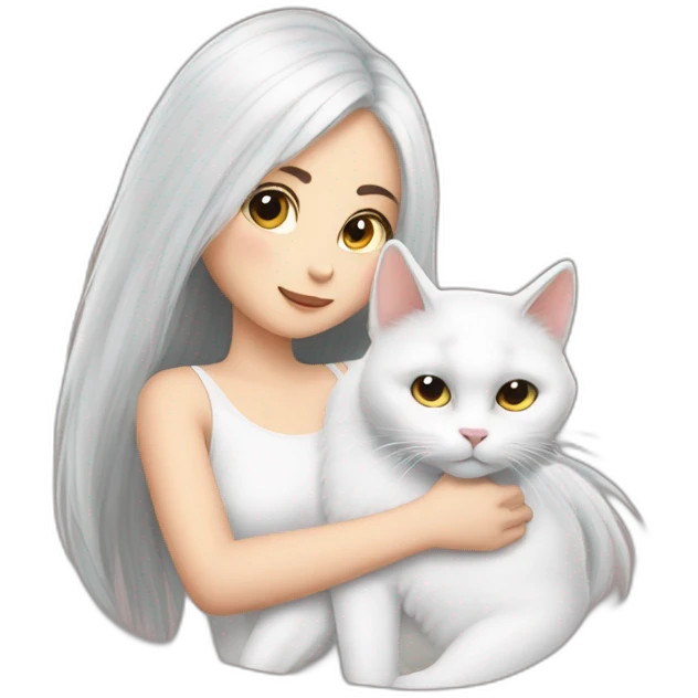 A girl with long dark hair and a white fluffy cat is lying on her right shoulder emoji