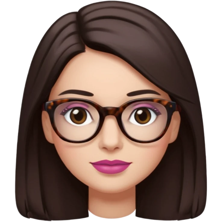 White woman with long straight dark brown hair parted in the middle, dark Brown eyes, light tortoiseshell framed glasses (no pink colour). The lips have soft dark old pink coloured lipstick, and lith smile (no teeth showing) emoji