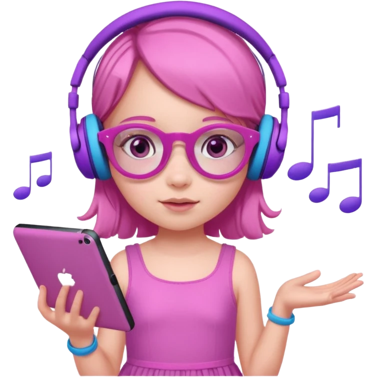 Little girl with purple headphones when pink eyes and pink iPad and pink dreamy background and rose colored glasses and blue music notes around her and pink dress emoji