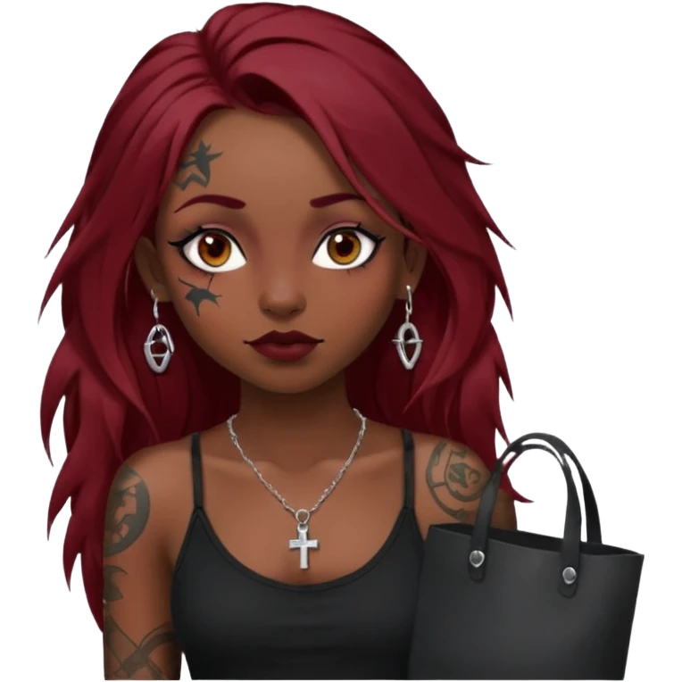 generate an ios genmoji of a girl with long dark red messy hair with eyeliner on her eyes.  septum piercing, wearing a cami black top, has tattoos, on shoulders. ear piercings. wearing a cross silver necklace. carrying a tote bag on her shoulders with chart paper peeking out. emoji