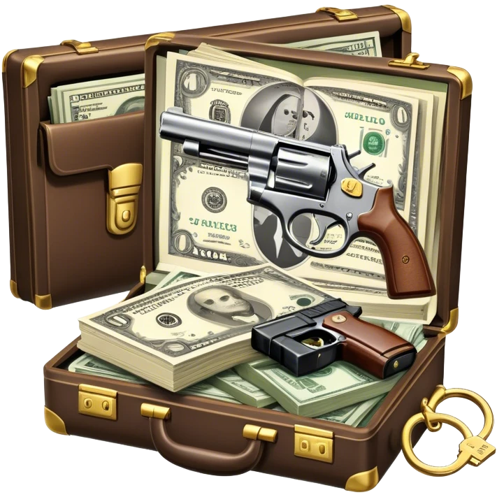 Icon for Action & Crime Reading: an open book, action-packed scenes, featuring a gun, handcuffs, a detective's badge and a briefcase with money. The icon should capture the tension and excitement of crime and action stories. Transparent background. emoji