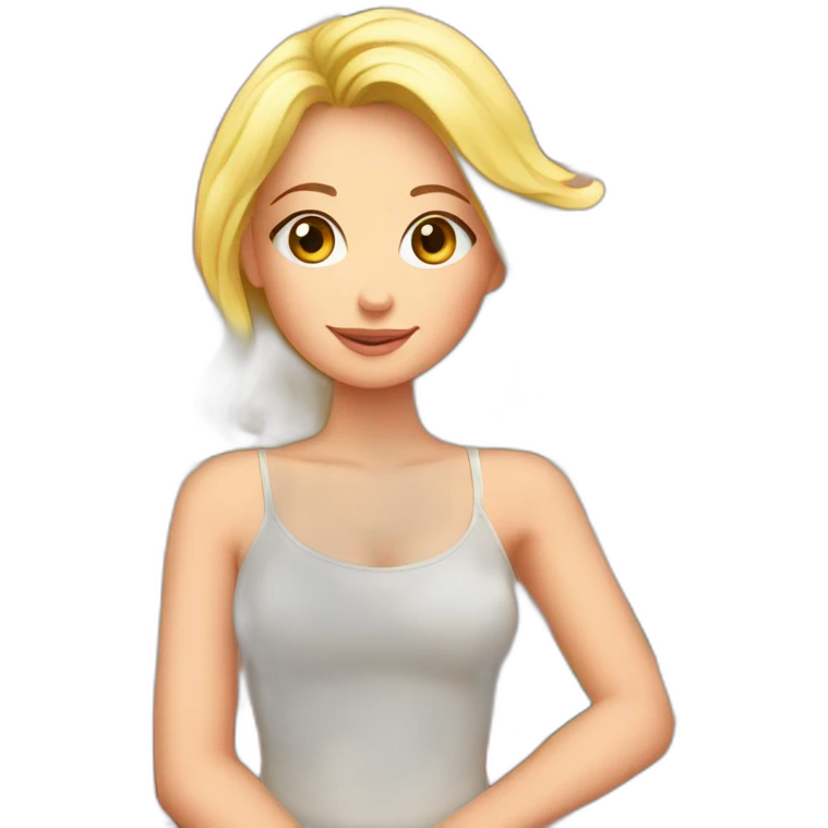 beautiful blonde with sitting on a giant peach emoji