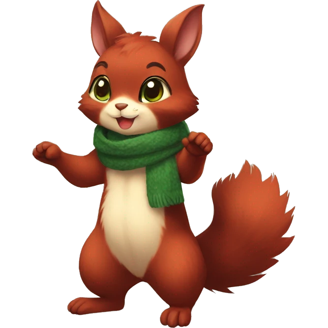 Cute, Chibi, chubby, fluffy, Kemono-style, Anthro, Fur-Sona, Dark-Red, Squirrel-Rabbit-hybrid-Fakémon, with a green scarf, full body emoji