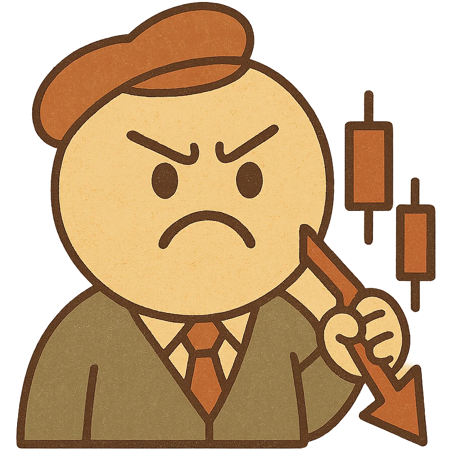 angry trader emoji with red downward candlestick chart, flat modern style, bright saturated colors with greens, golds, reds, minimal but expressive, universal look emoji