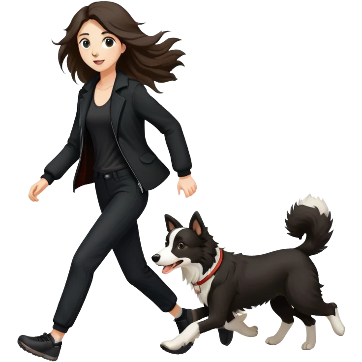A beautiful tall girl with fair skin and long hair wearing a black jacket and black pants running with a Border Collie emoji