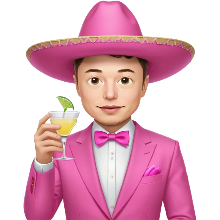 Elon Musk in pink sombrero, dressed in an all-pink suit, with one hand holding a tequila shot emoji