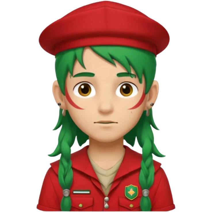 scout boy long hair face tatooes green haired, wearing red uniform with hat emoji