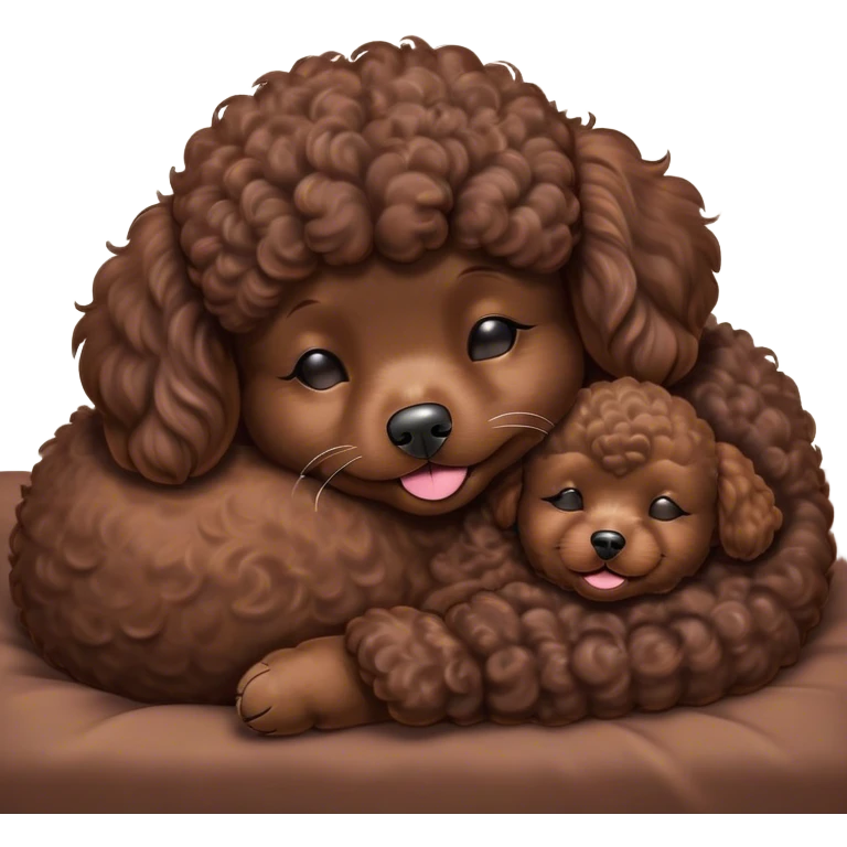 Meme-Worthy Cute Sleeping Chocolate Poodle Portrait Emoji, Head resting peacefully with a contented smile, showcasing a delightfully elegant build and a luxuriously soft, curly chocolate Fur, eyes shut in a serene nap, Simplified yet hilariously adorable features, highly detailed, glowing with a soft, drowsy light, high shine, relaxed and utterly lovable, stylized with an air of playful laziness, bright and heartwarming, soft glowing outline, capturing the essence of a comically sleepy companion, so meme-worthy it feels like it could instantly become the next viral sensation of adorable slumber! emoji