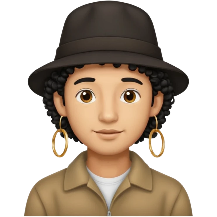 man curly hair and big earrings and and hat wearing emoji