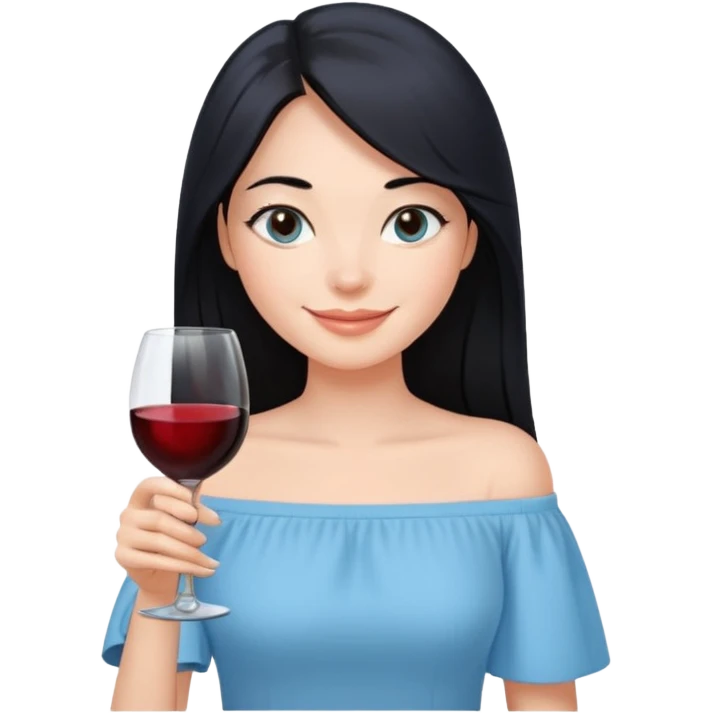 cewe ramah Kulit putih bersih, rambut hitam panjang sleek lurus. Pakai atasan biru muda off the shoulder . Pose tangan pegng wine, tatapan senyum percaya diri. viber girls boss emoji