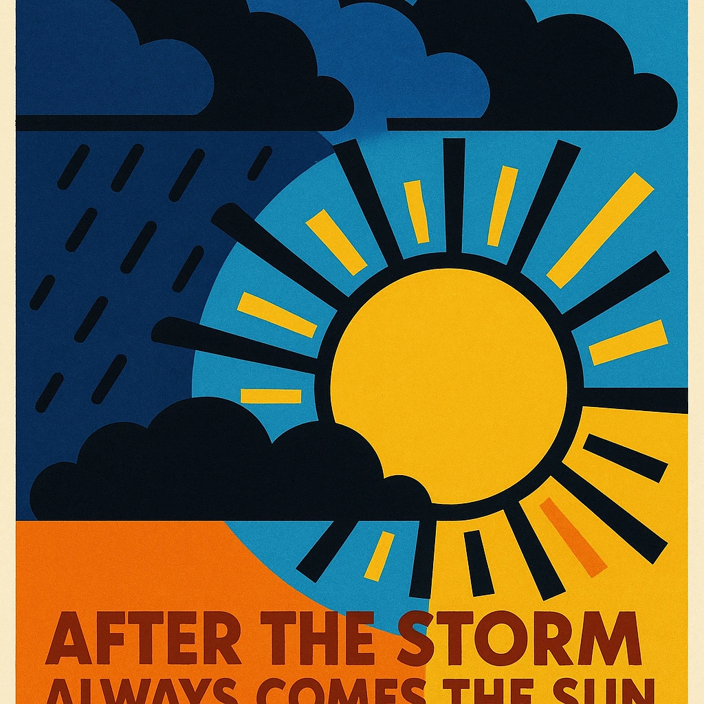 illustration representing the saying 'after the storm always comes the sun', showing dark clouds and a bright sun emerging, vibrant and optimistic style emoji