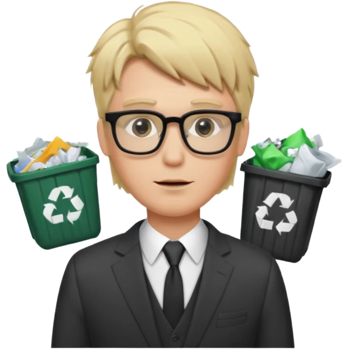 Blonde man with square glasses and suit, trash on hair emoji
