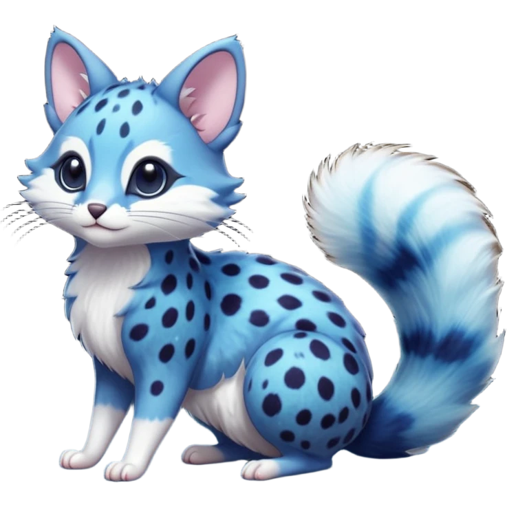 Hyper realistic  deep-ocean indigo fur seeded with bioluminescent plankton speckles beautiful elegant pretty precious cute  Fakémon-Pokémon-opossum-feline-serval-caracal-chinchilla-Furret-Minccino-hybrid-creature with a big fluffy bushy tail (full body) emoji