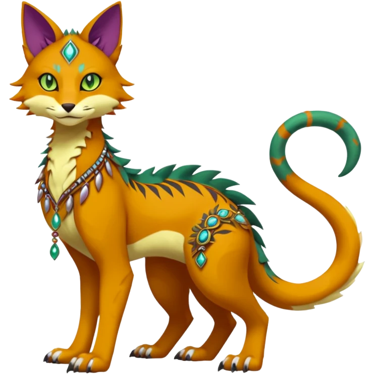 Kawaii cute reddish orangish yellowish greenish purplish exotic tribal beautiful pretty elegant divine edgy feline-vernid-sergal-Fakémon-Pokémon-Digimon-fursona-animal-creature with accessories, jewelries, full body, with intricate detailed markings emoji