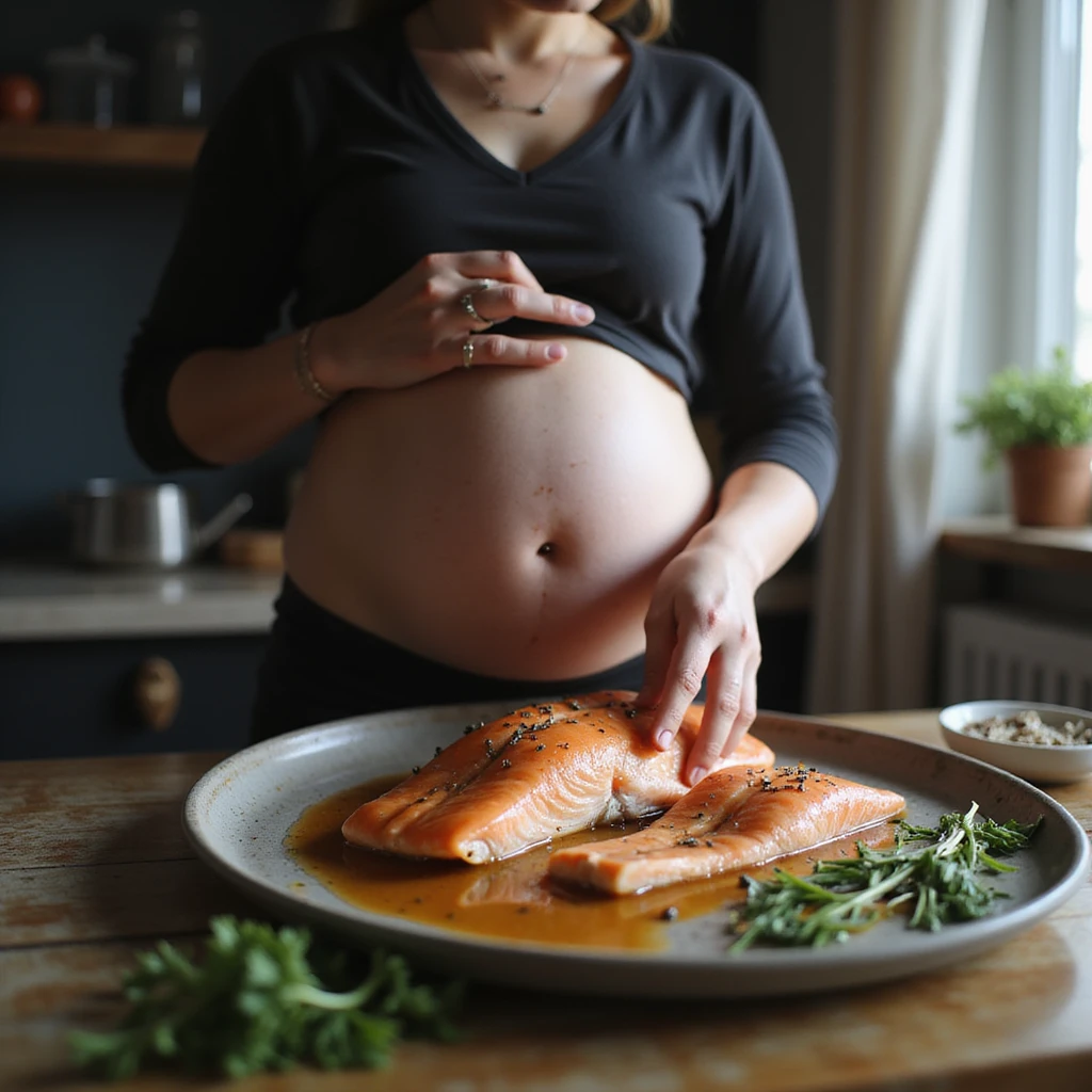 realistic pregnant woman in 4K cooking at home putting aside raw salmon with clearly visible parasites in the flesh emoji